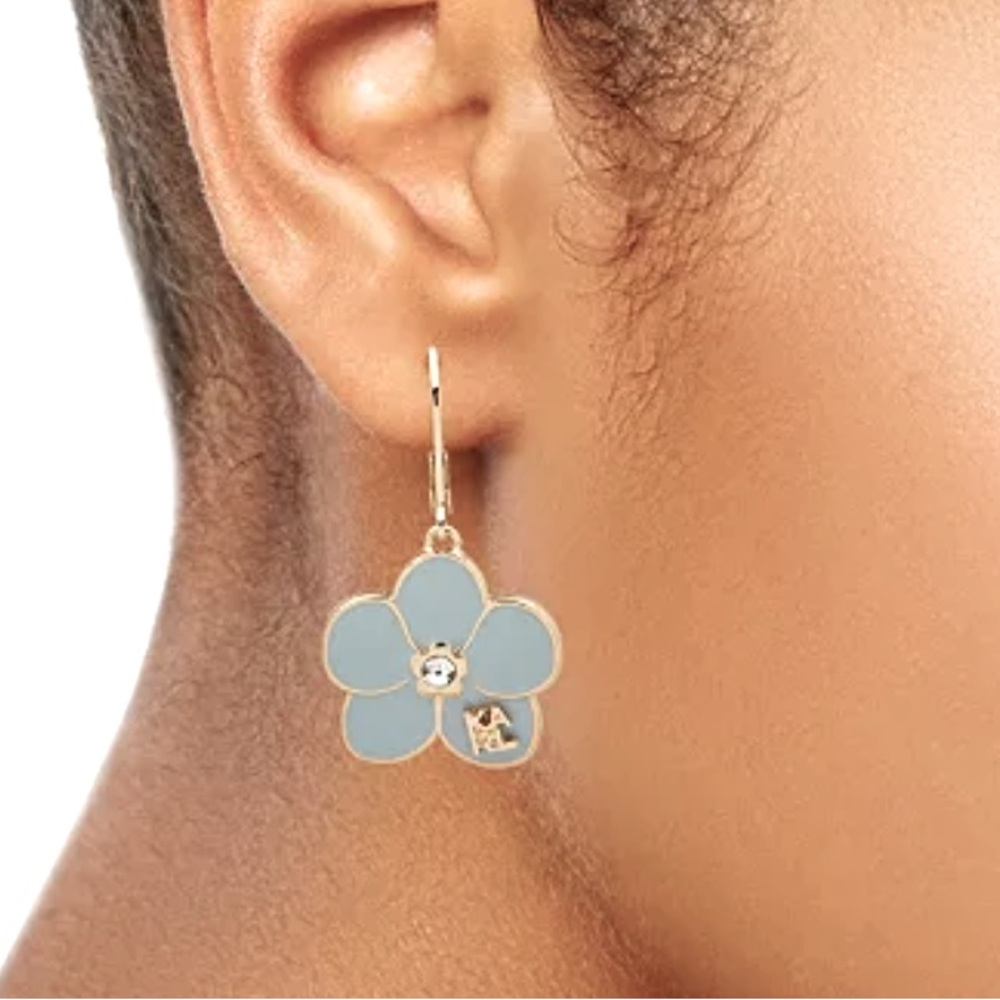 Karl Lagerfeld Gold and Blue Floral Earrings with Crystal Accent NWT - Picture 2 of 2